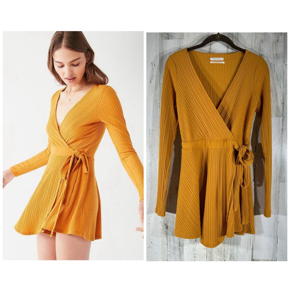 Urban Outfitters Faux Wrap Romper Size Small Honey Gold Yellow Ribbed Knit Vneck